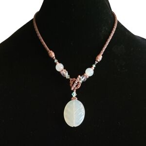 Handmade Braided Leather Copper‎ Toggle Necklace Carved Leaf Glass Pendant Boho